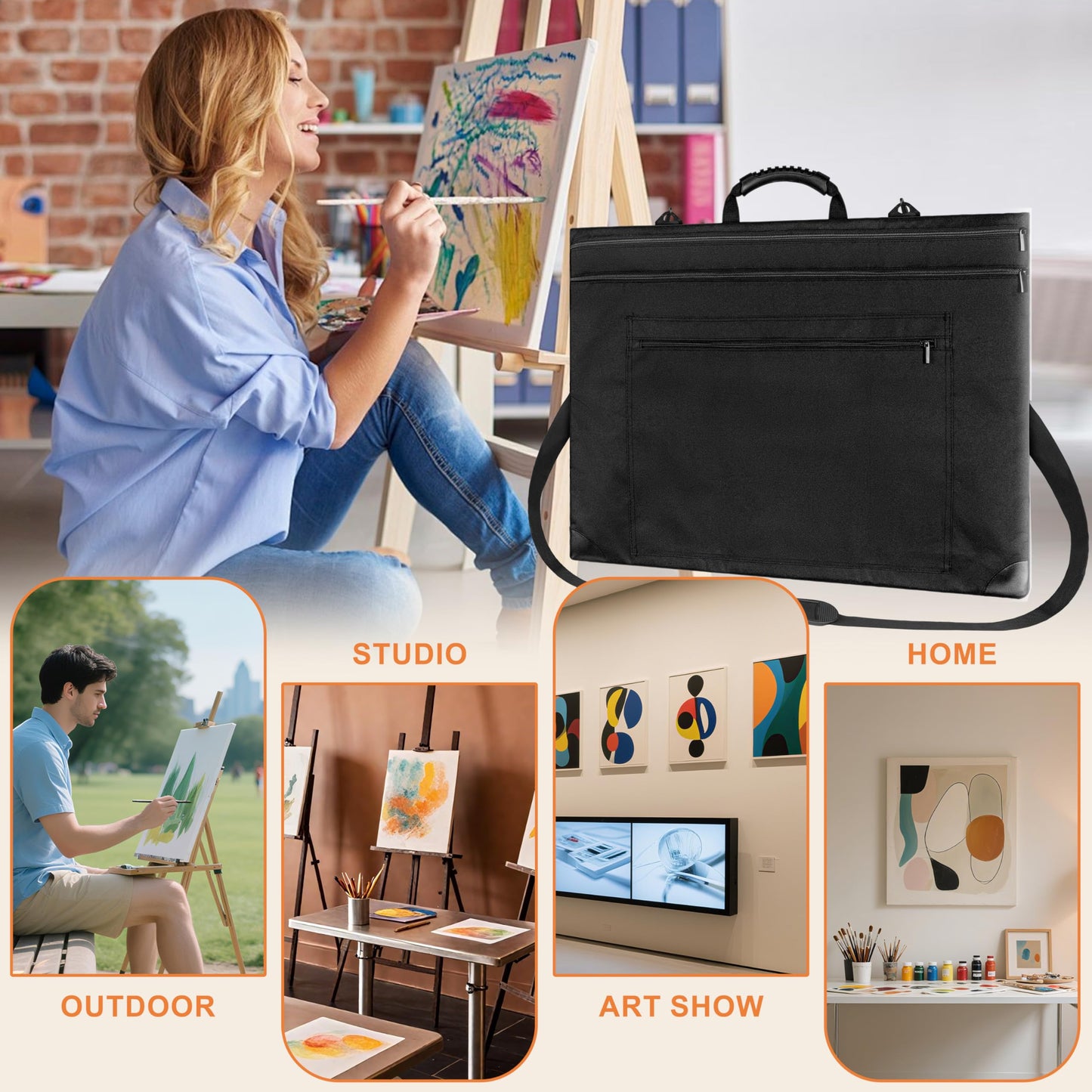 ZKOO Light Weight Art Portfolio Bag, Artist Canvas Case with Detachable Shoulder Strap, Leather Corners, Art Portfolio Case 20 X 24 for Artwork, Poster, Sketching, and Drawing (20" x 24" Black)