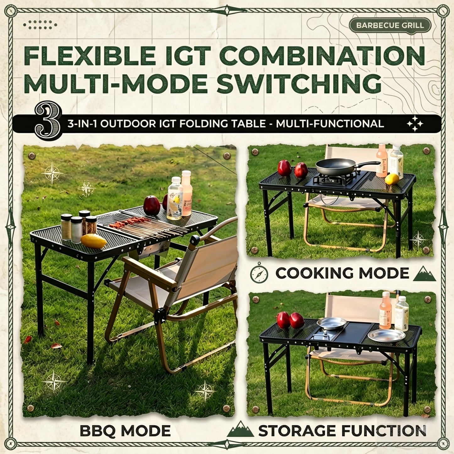 Portable Folding Aluminum Camping Table — IGT-Compatible Modular Camp Kitchen Table, Carbon Steel Mesh Top with Tactical Hooks & Carry Bag, for Camping Picnic Tailgating BBQ Outdoor Cooking