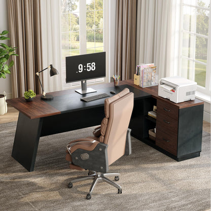 LITTLE TREE 78-Inch Executive Office Desk with File Cabinet, Large Modern Corner Office Desk for Home Office, 3-Drawer Wood File Cabinet, Spacious Workstation for Home Office (Brown & Black)