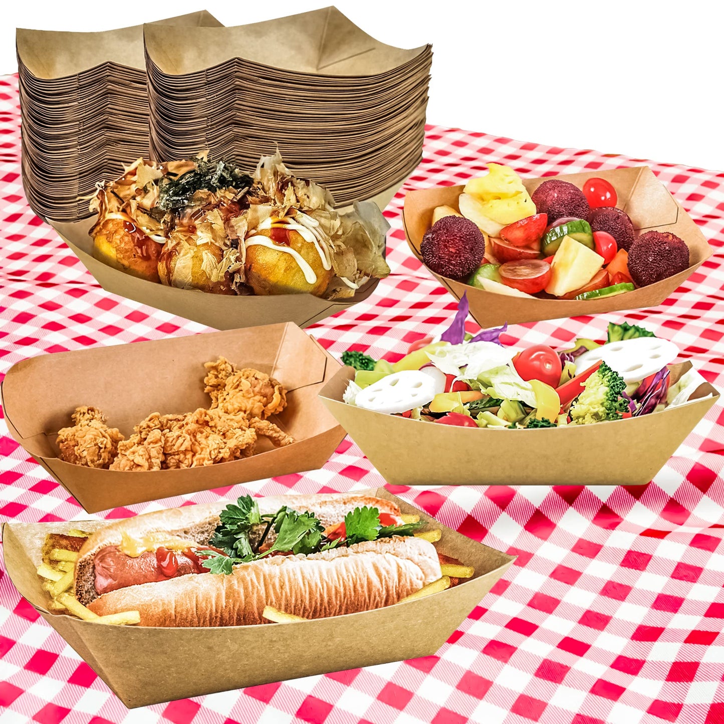 MotBach 100 Pack 2lb Paper Food Trays, Heavy-Duty Paper Food Boat Disposable Serving Basket Tray for French Fries Nachos Snack Hot Dog Taco BBQ Popcorn Party Picnic Wedding Party (Brown)