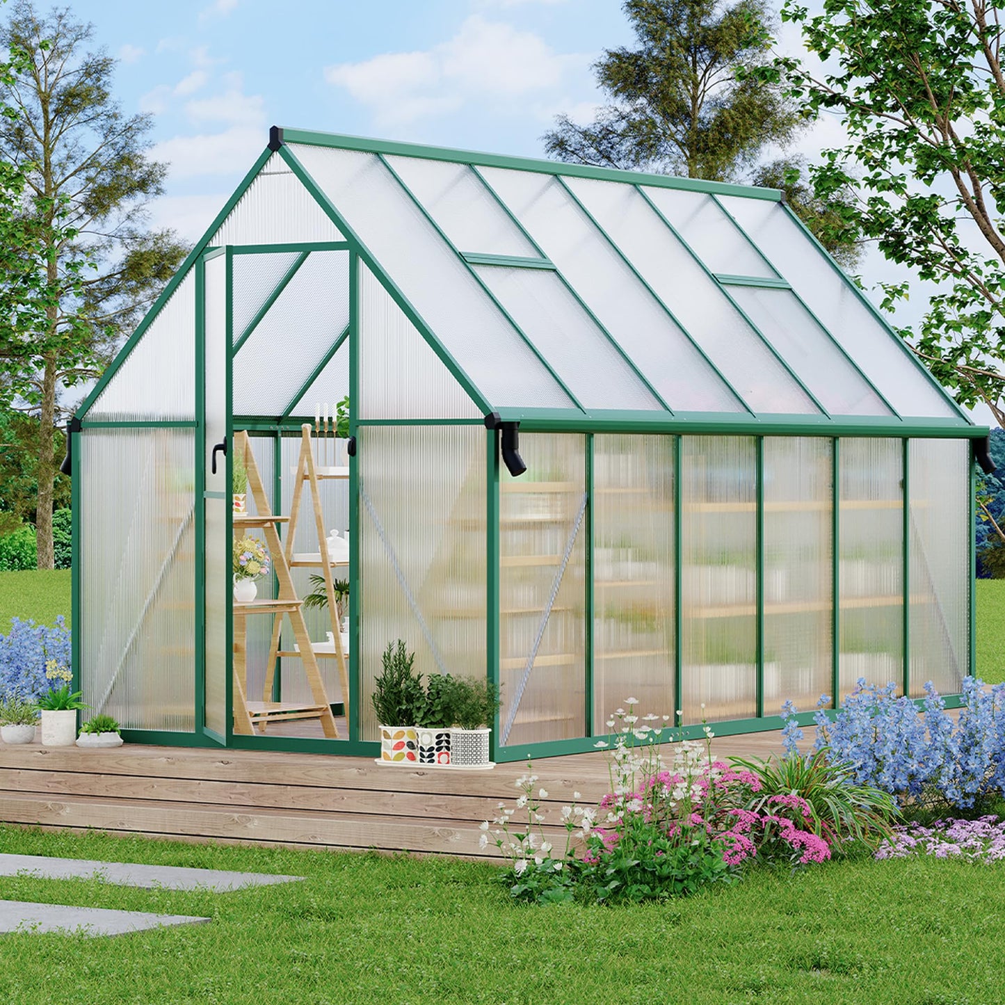 Polycarbonate Greenhouse for Outdoors, Large Walk-InGreenhouse with Quick Setup Structure and Roof Vent, Greenhouse with Ventilation