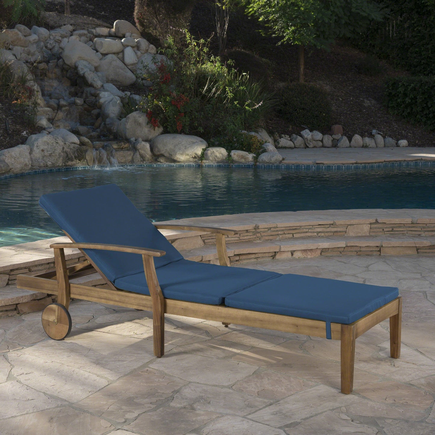 Christopher Knight Home Perla Outdoor Chaise Lounge with Water Resistant Cushion, Teak Finish / Blue