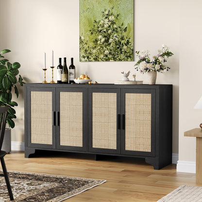 Garvee Natural Rattan Storage Cabinet with Shelves, 4-Door Sideboard Buffet Cabinet, Boho TV Stand Console Table for Living Room, Entryway, Dinning Room