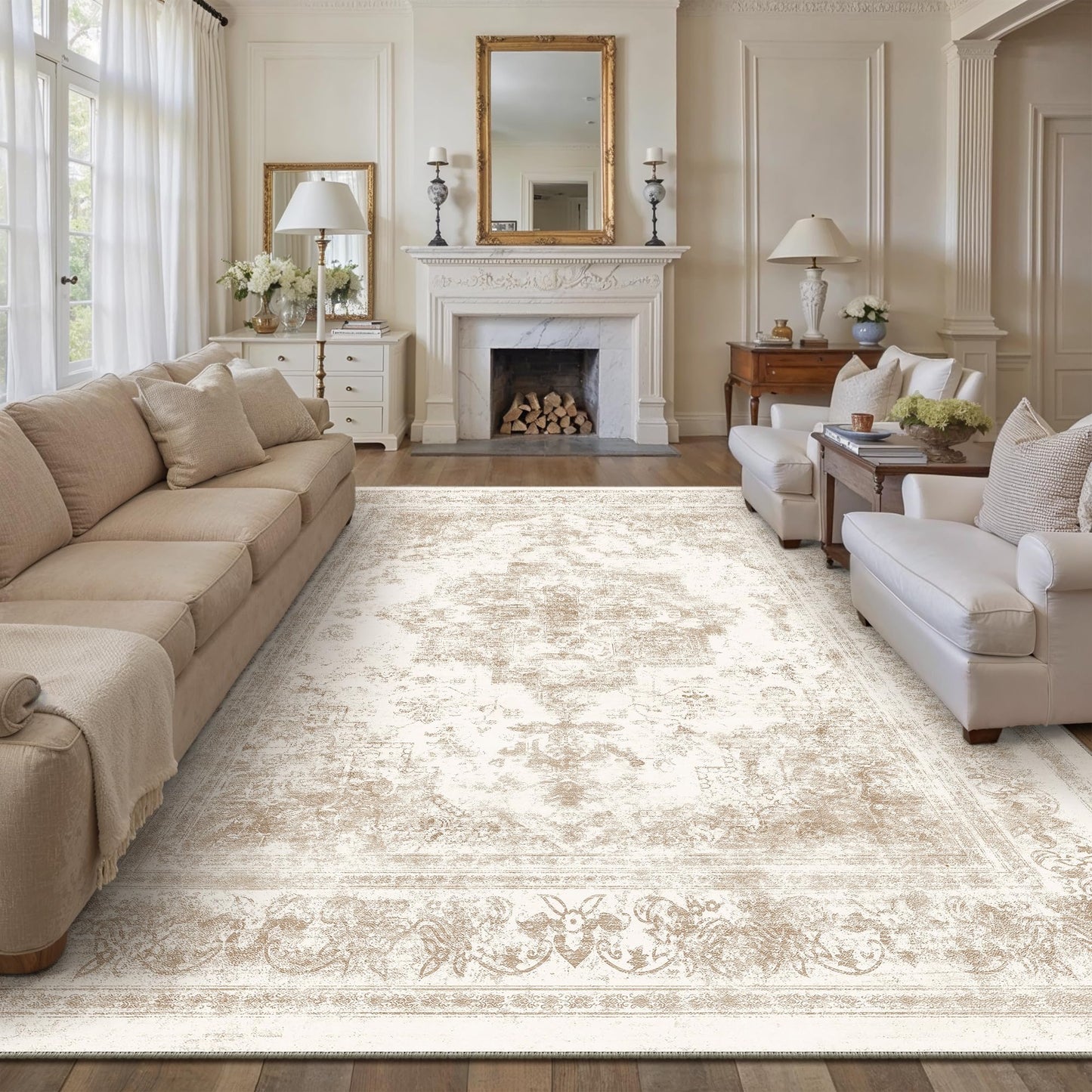 PureCozy Area Rug 10x14 Cream Washable Living Room Beige Carpet Non Slip Vintage Medallion Indoor Bedroom Beige Carpet Low Pile Soft Retro Distressed Large Rug Home Office Dining Room Playroom