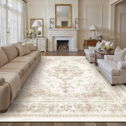 PureCozy Area Rug 10x14 Cream Washable Living Room Beige Carpet Non Slip Vintage Medallion Indoor Bedroom Beige Carpet Low Pile Soft Retro Distressed Large Rug Home Office Dining Room Playroom