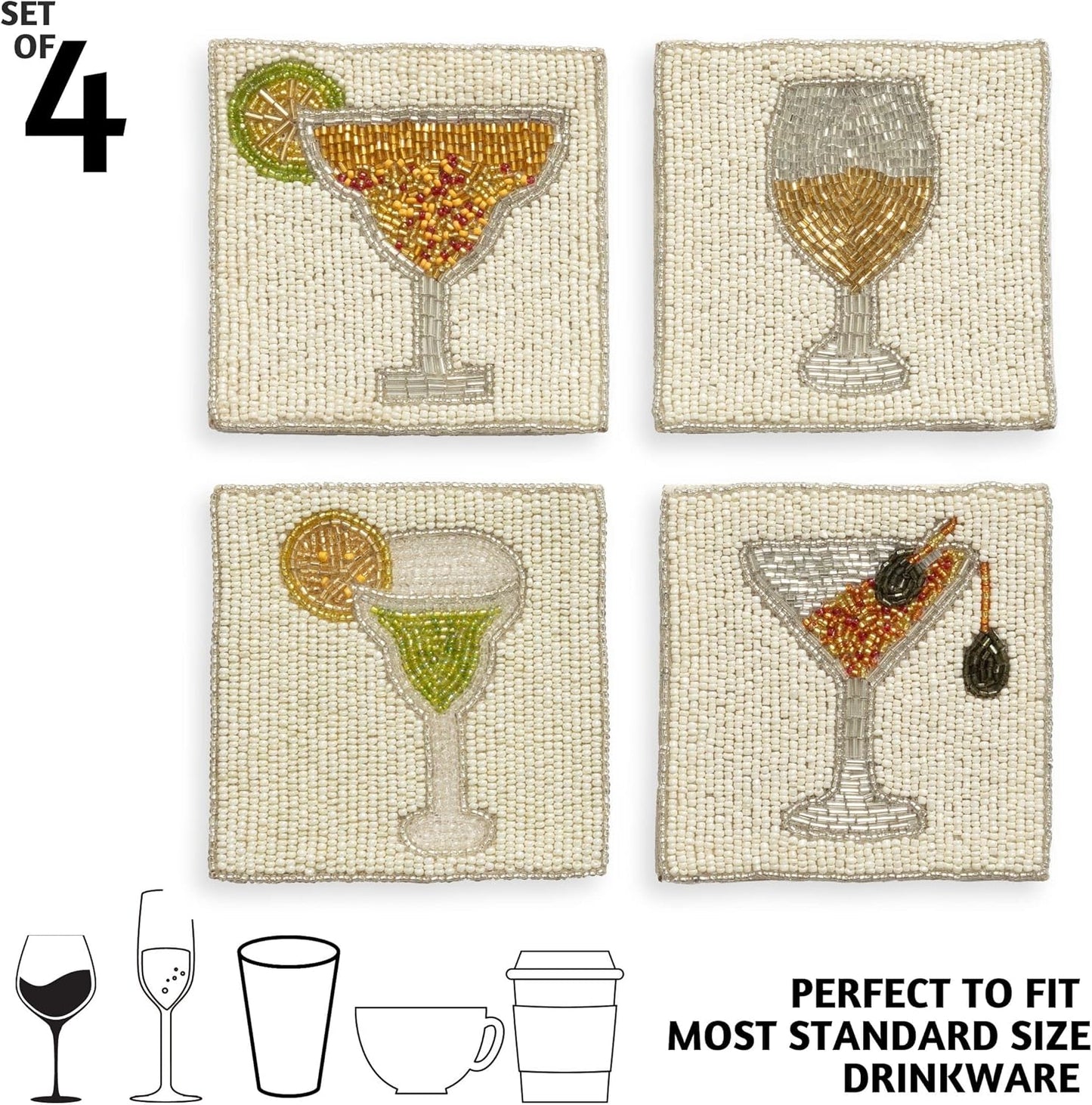 Set 4 (4")| Folkulture Coasters of Beaded Cocktail Handmade Square Drink Coasters for Coffee Table & Bar | Boho Home