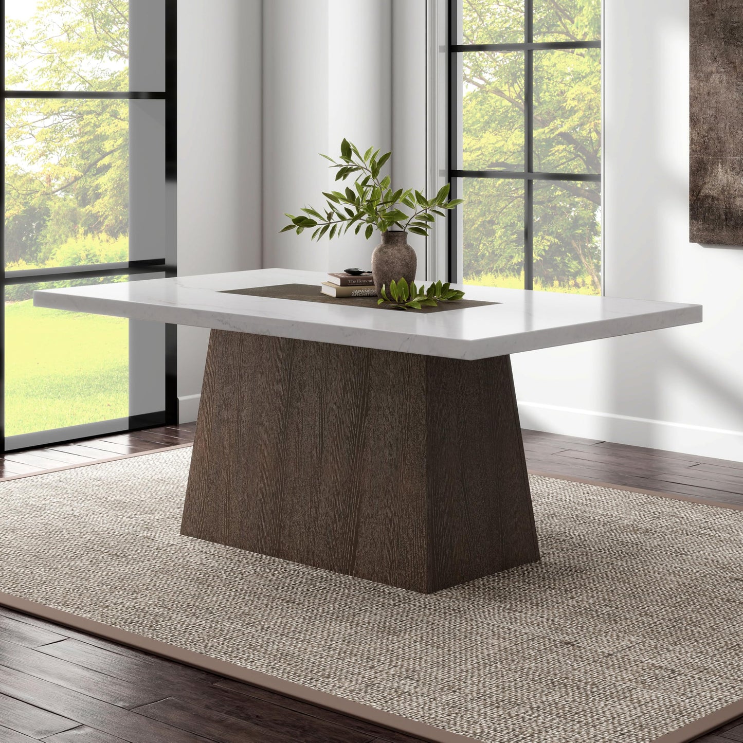Furniture of America Rafferty Modern Solid Wood 70-inch Rectangle Dining Table with Genuine White Marble Tabletop and Tapered Pedestal Base, Seats up to 6, for Home Kitchen, Living Room, Dark Walnut
