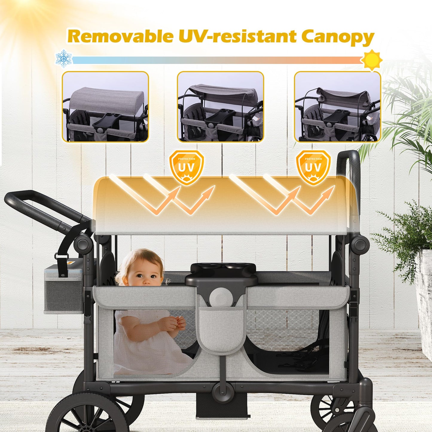 Xilingol 4-Seater Wagon Stroller for Kids, Foldable Outdoor Wagon with Canopy, Adjustable Handle, 5-Point Harness, Detachable Tray & Carry Bag (Grey)