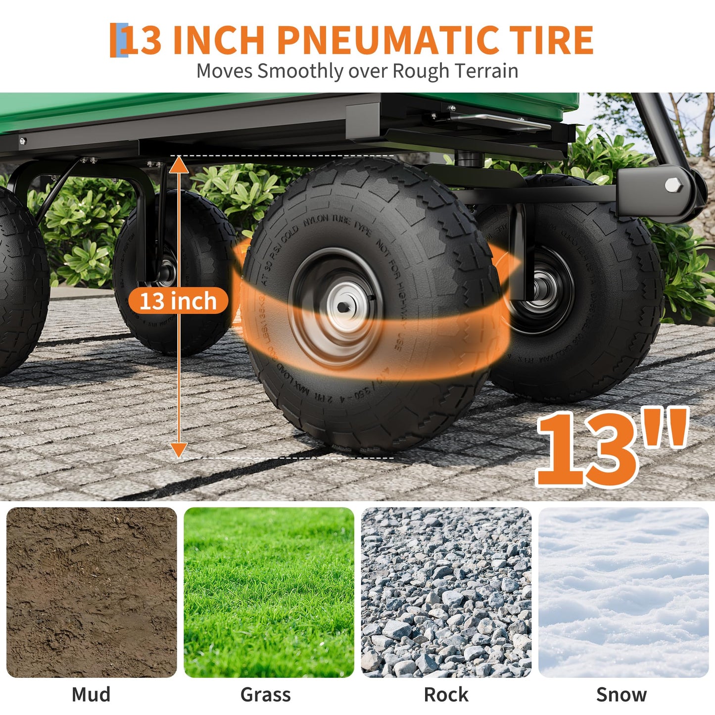 Tedyle Heavy Duty Garden Dump Cart – 4 Cu.Ft. Yard Wagon with 10-Inch No-Flat All-Terrain Wheels, 180° Rotating Handle & Quick-Release Dumping, Perfect for Outdoor Gardening, Farms & Lawns