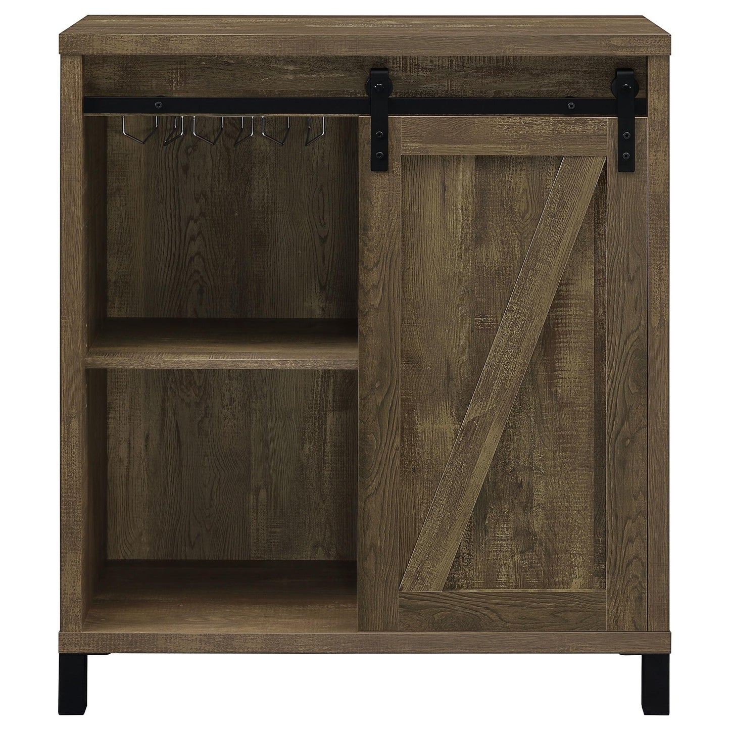Coaster Home Furnishings Arlington Sliding Barn Door Home Bar Wine Cabinet, Rustic Farmhouse Liquor Cabinet with 3 Shelves, Stemware Rack, and Wine Racks, Oak