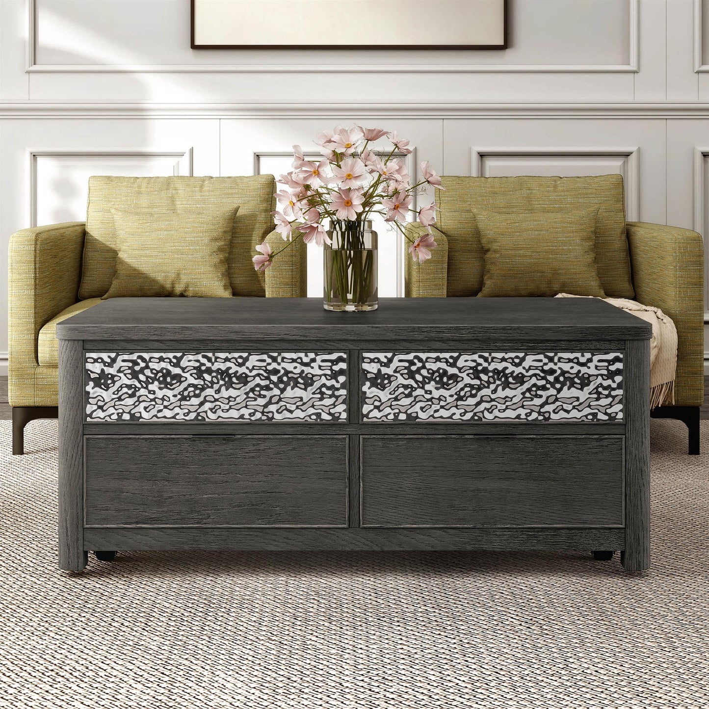 Furniture of America Selyra Modern Contemporary Solid Wood 46-inch Lift-top Rectangular Coffee Table with Dented Stainless Steel Accents, Wire Brush and Ball-Bearing Glides for Living Room, Ash Gray