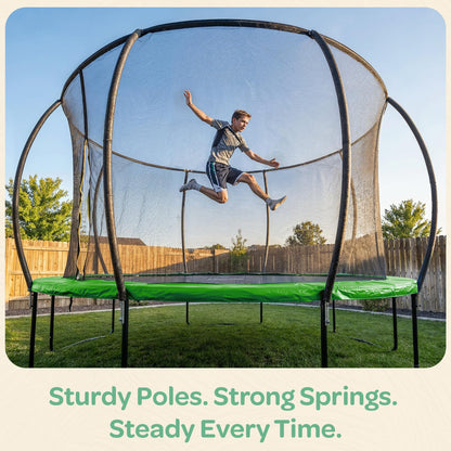 JoyBerri Trampoline Outdoor - Upsurge ASTM Certified Safe 8Ft 10Ft 12Ft 14Ft 15Ft 16Ft Recreational Trampoline for Kids and Adults. Anti-Rust Coating with Enclosure Net, Ladder, Sprinkler & LED Lights