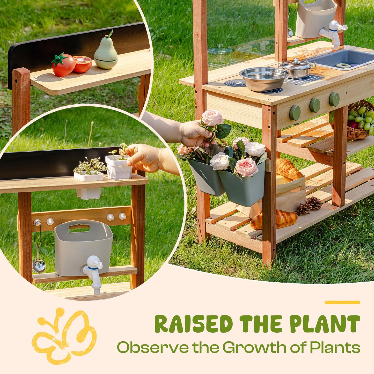 Robud Wooden Mud Kitchen for Kids, Outdoor Pretend Play Kitchen Set with Running Water Sink, Faucet, Planting Pots & Cooking Accessories, Educational Outdoor Toy Gift for Boys & Girls Ages 3+