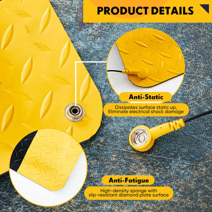 Drydiet 1 Pcs 3'x12' Anti Fatigue Mat Industrial, ESD Conductive Pad with Ground Wire, Heavy Duty Ergonomic Standing Floor Mat for Commercial Work, Shop Stand, Thick 3/4" Black with Yellow Border