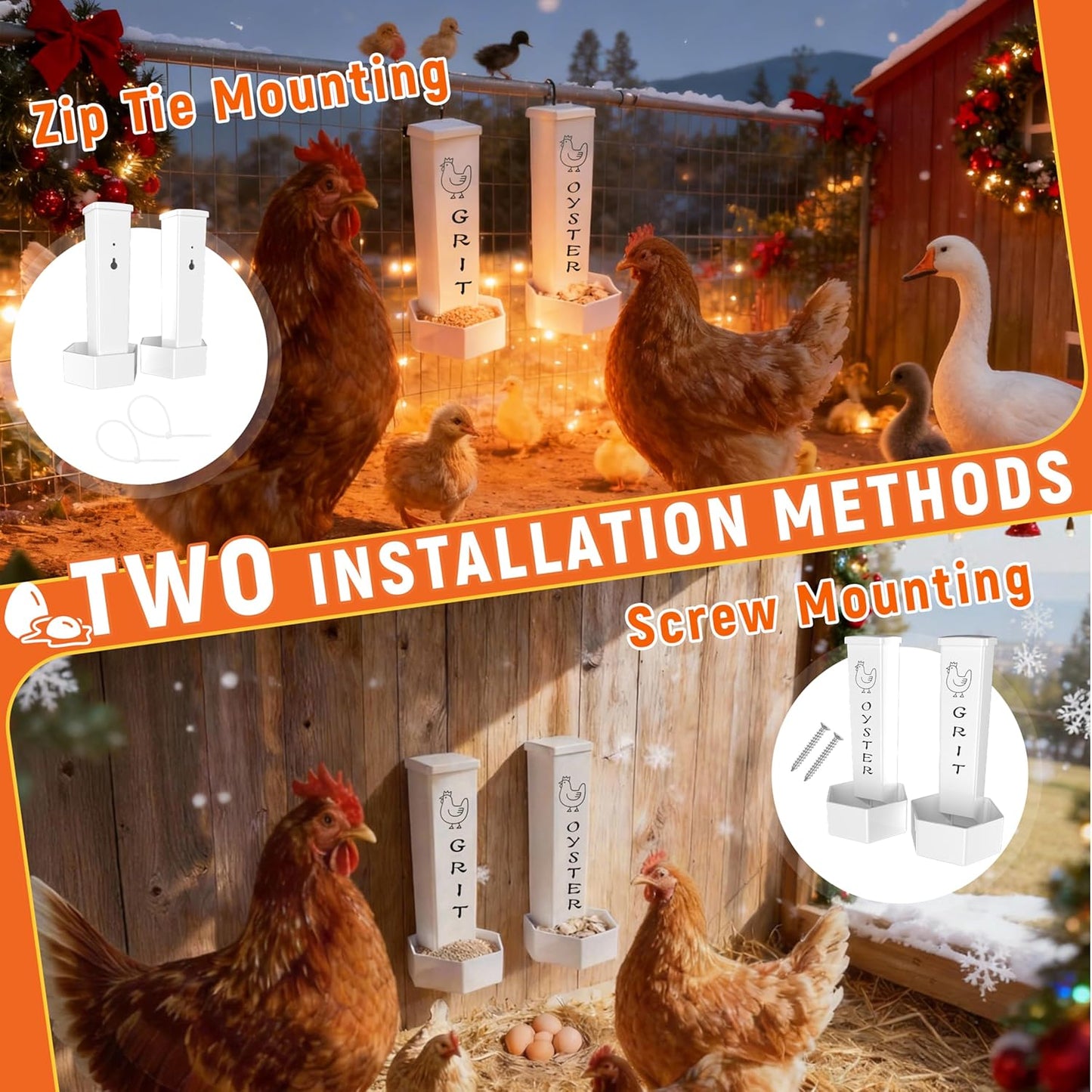 2 Pack Chicken Grit and Oyster Shell Feeder, Hanging Wall Mount Chicken Feeder Combo, Waterproof ABS Automatic Gravity