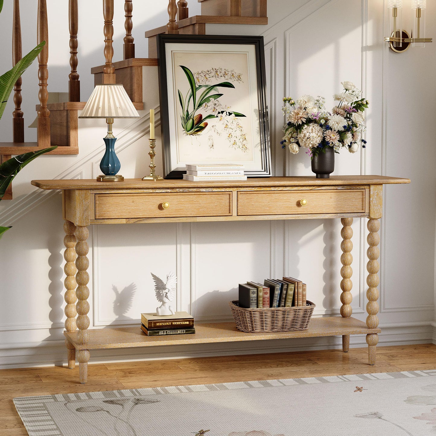 Christopher Knight Home Zeka Narrow Console Table with Storage, Wood Entryway Table with 2 Drawers and 1 Bottom Shelf, Retro Display Table with Unique Spherical Legs for Hallway, Living Room, Natural