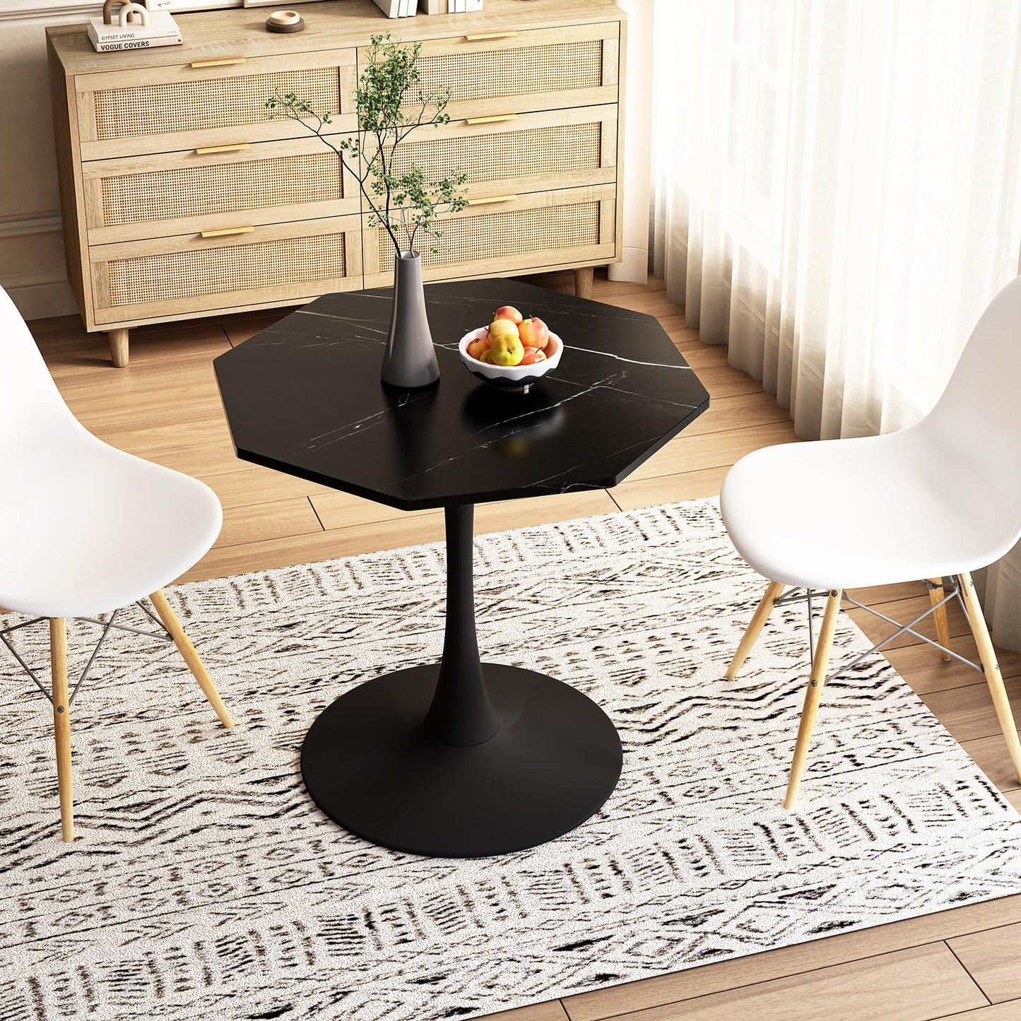 SPOFLYINN 31.50" Modern Octagonal Coffee Table with Printed White Marble Table Top Metal Base for Dining Room Kitchen Living Room Marble