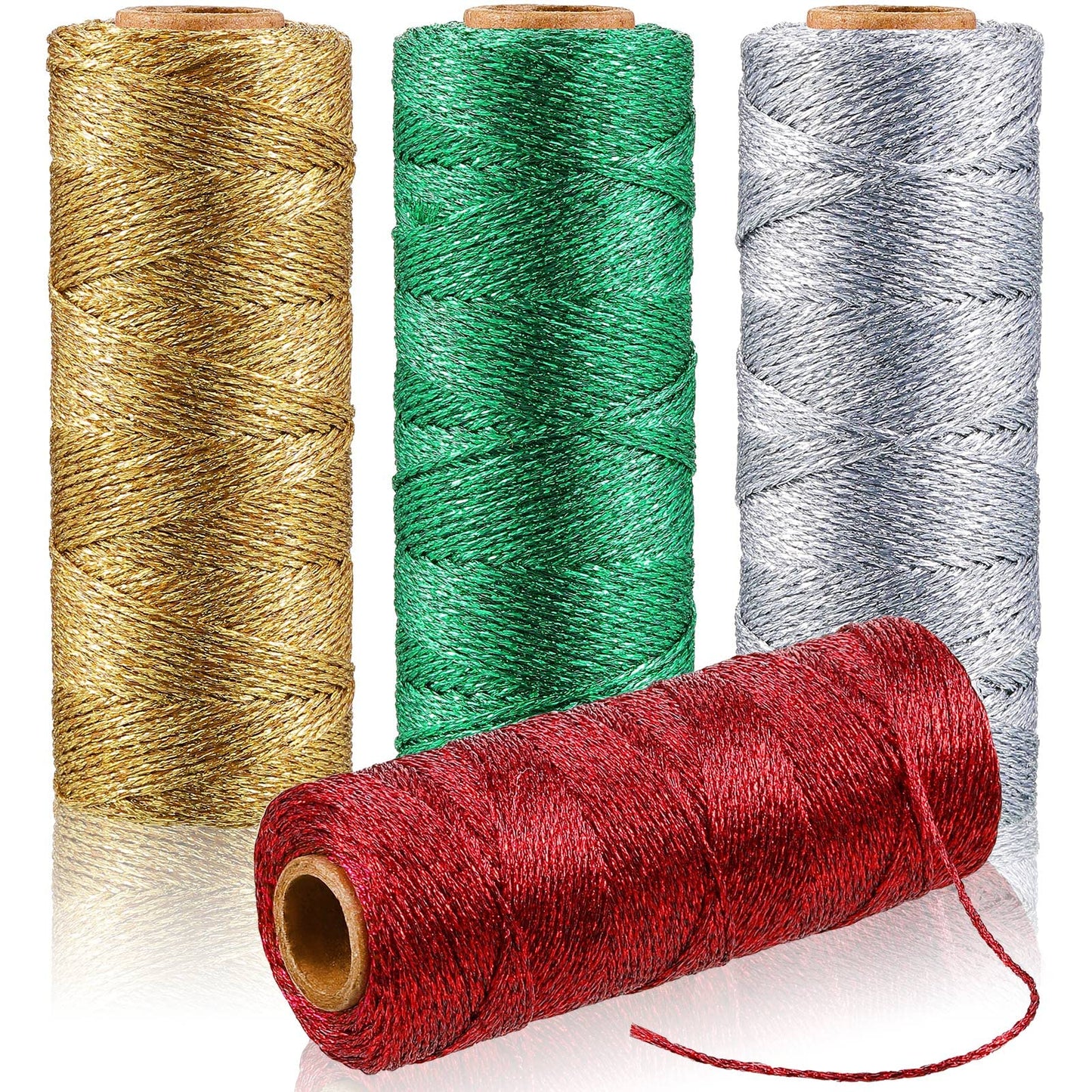4 Rolls Christmas Metallic Bakers Twine 110 Yards Decorative Wrapping Twine String for DIY Crafts Packing Materials (Gold, Silver, Red, Green)