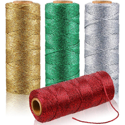 4 Rolls Christmas Metallic Bakers Twine 110 Yards Decorative Wrapping Twine String for DIY Crafts Packing Materials (Gold, Silver, Red, Green)