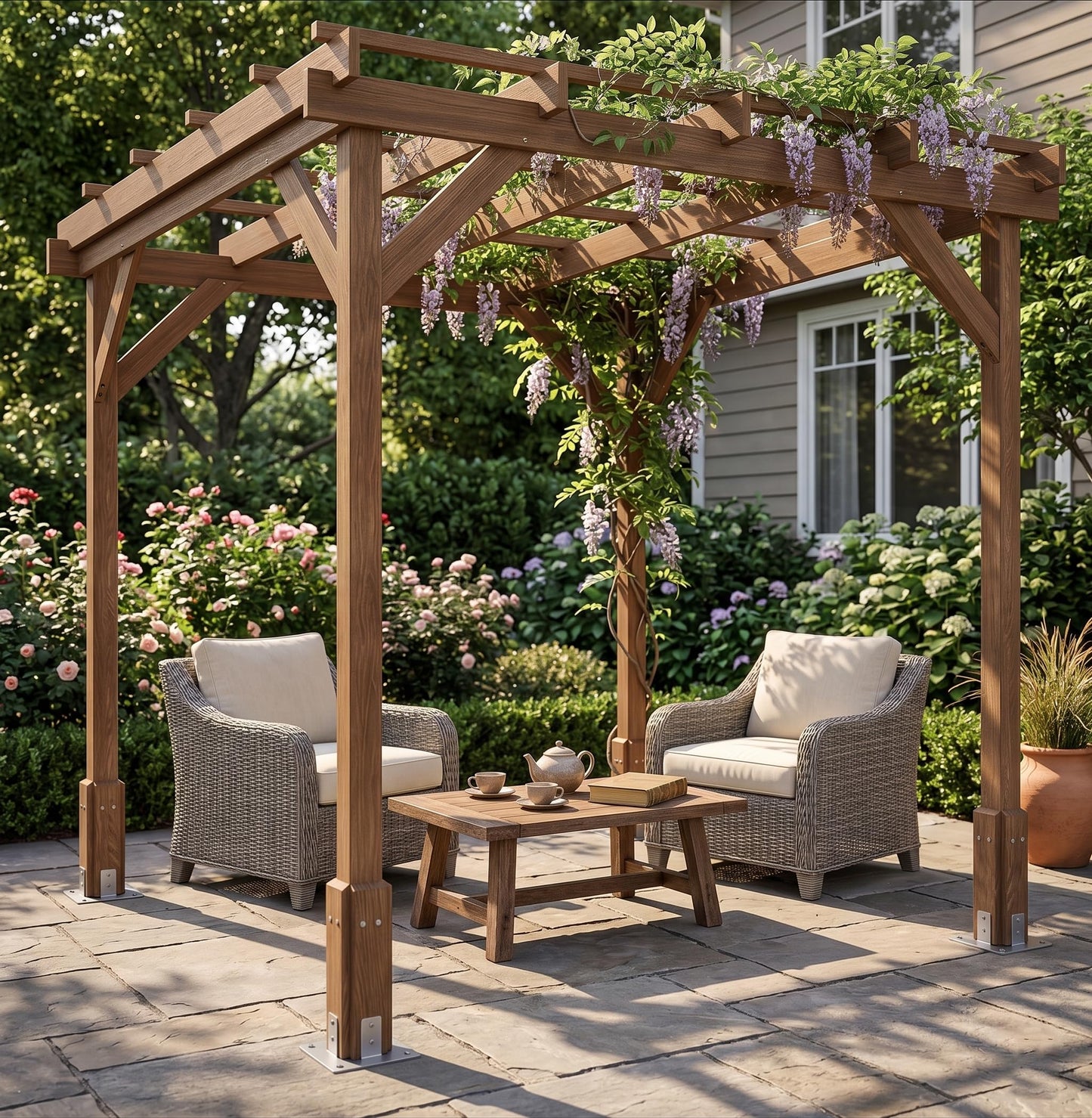 6.5x6.5 FT Outdoor Wood Pergola, Natural Fir Wood Patio Pergola with Reinforced Frame, Open Roof for Climbing Plants, Garden Backyard Deck Shade Structure, Dark Brown