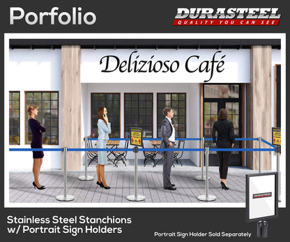DuraSteel Crowd Control Barriers Line Dividers - Silver Stanchion Stainless Steel Posts with 6.5ft Blue Retractable Belt Ropes - for Store Queues, Airport Lines, Event Entries - 2 Set/Pack