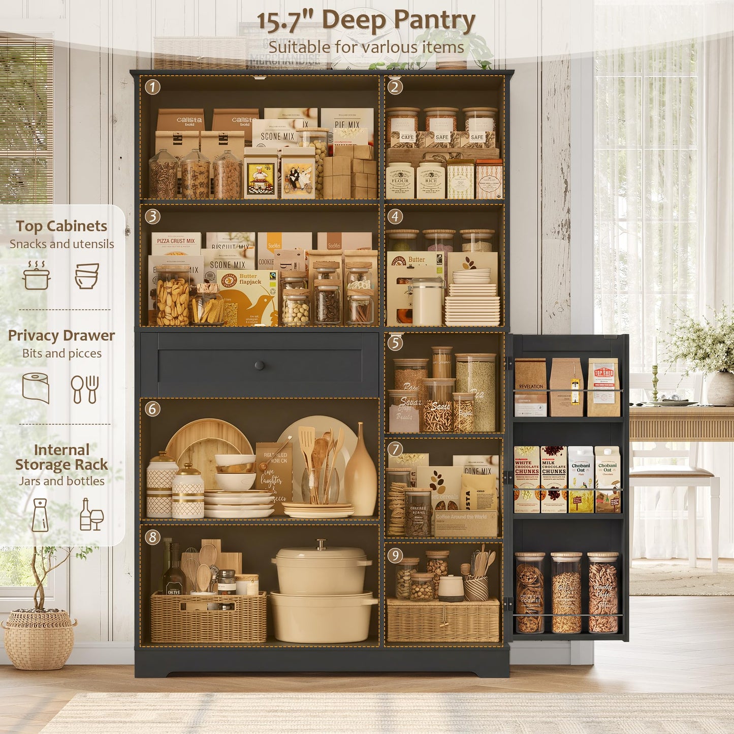 HOSTACK 68" Tall Kitchen Pantry Storage Cabinet, Modern Kitchen Hutch Cabinet with Doors and Shelves, Freestanding Food Pantry with Large Storage Drawer for Dining Room, Living Room, Black
