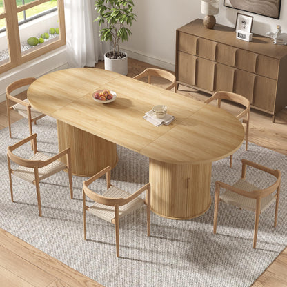 AMERLIFE 86.6" Modern Oval Dining Table with Hidden Storage, Extra Long Wooden Dining Room Table with Cylindrical Fluted Base, Seats 6–8, Natural Wood