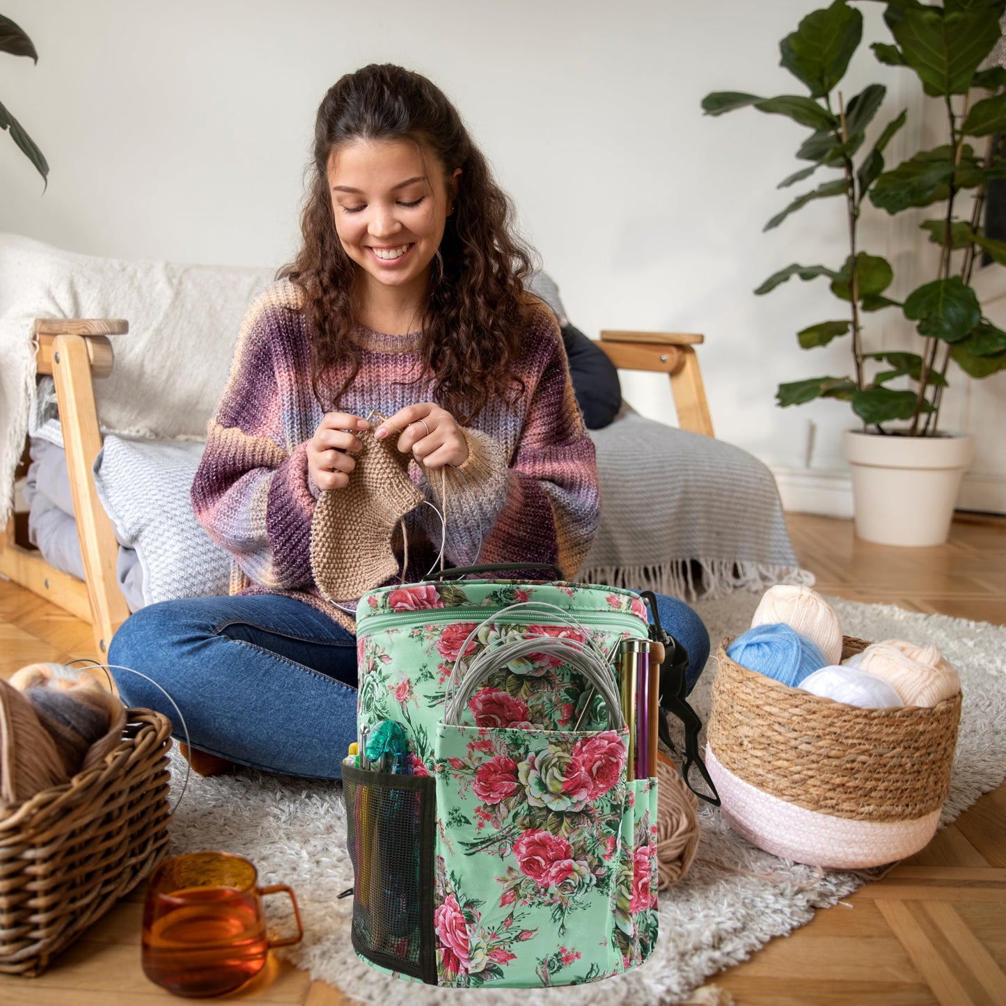 WAZAIGUR Green Flowers Pattern Large Capacity Multifunctional Crocheting Knitting Project Bag Strong Yarn Storage Organizer Bag Tote Travel Crochet Needles Bag