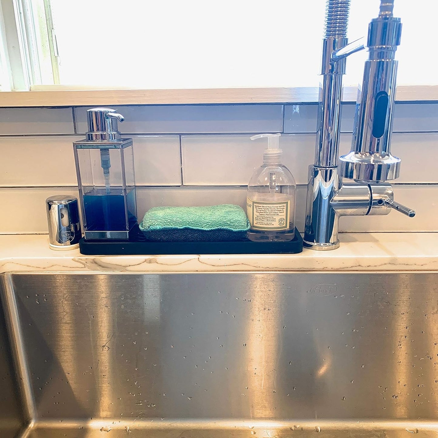 Happitasa Silicone Kitchen Sink Organizer Tray, Sponge Holder and Countertop Protector in Black, 12" x 4"