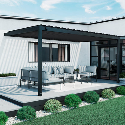 Backyard Discovery Evanston 18'x10' Galvanized Steel Wall-Mounted Louvered Pergola Kit with Adjustable Roof, Shade, Rain Protection, High-Wind Rating, PowerPort, Gutter System for Outdoor Patio, Deck