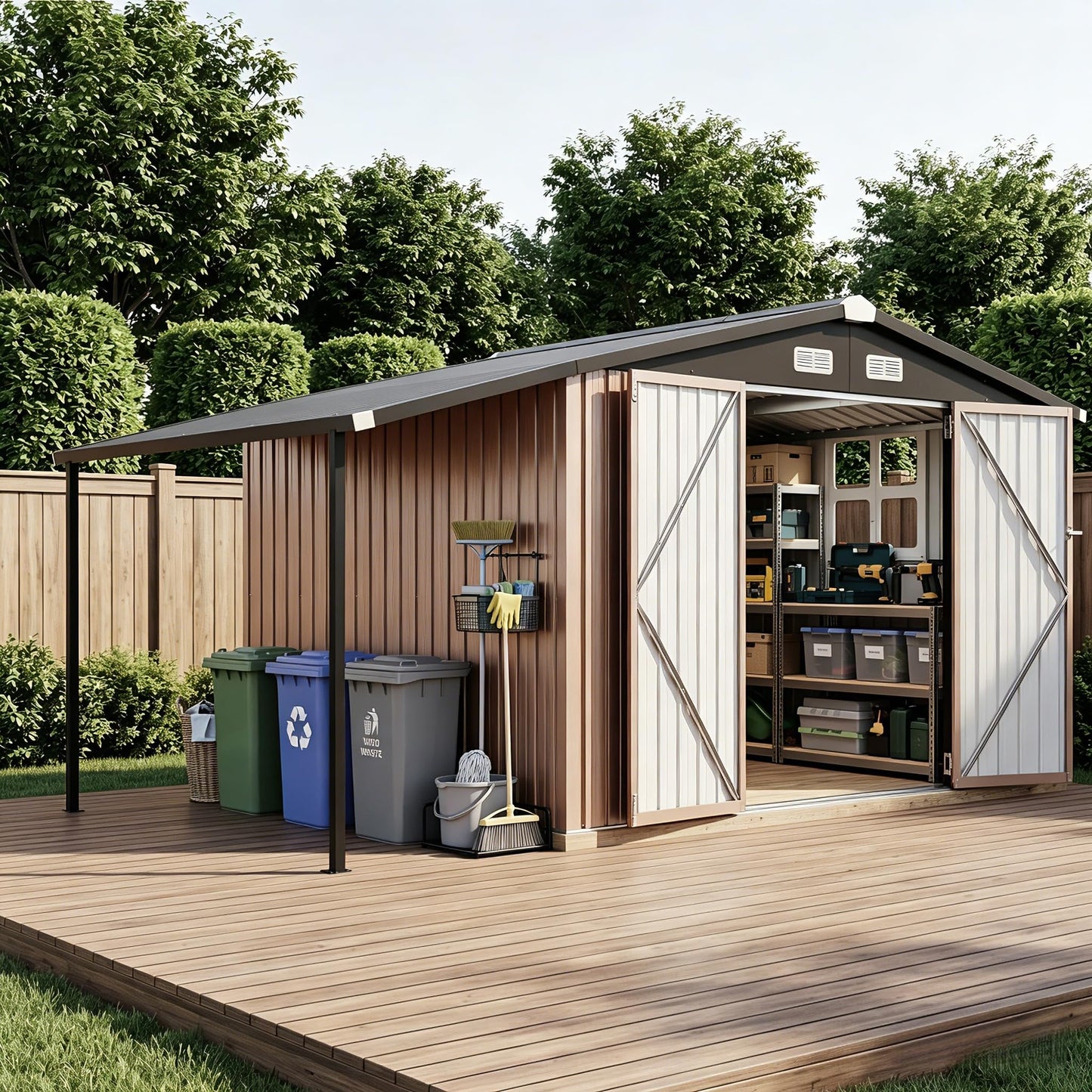 Aoxun 8x12 FT Outdoor Storage Shed with Open Firewood Storage,Galvanized Steel Garden Shed with Lockable Doors,Sloped Roof,Windows, 2 in 1 Large Metal Tool Shed for Patio, Backyard, Lawn (Brown)