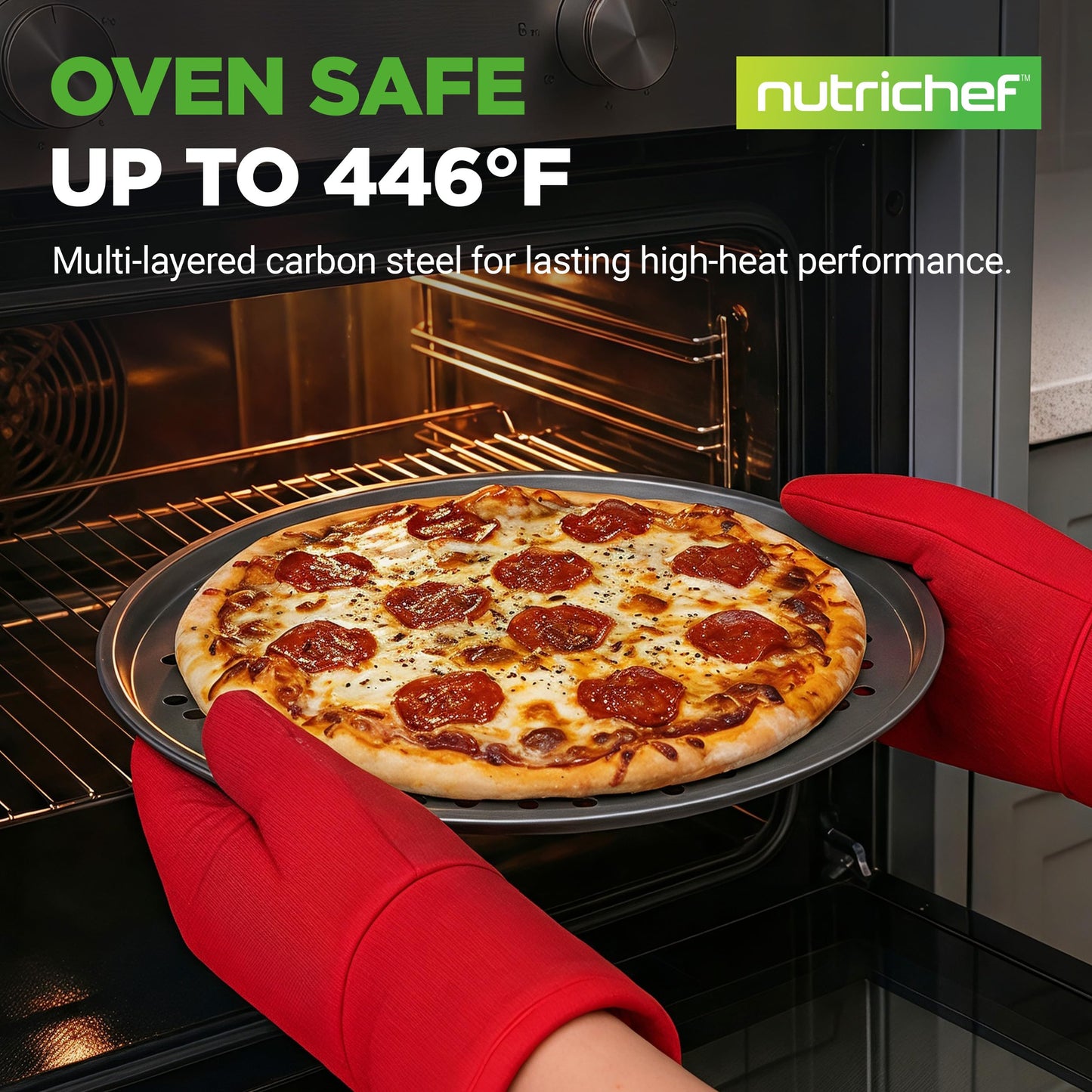 NutriChef 12.8 Inch Nonstick Pizza Pan for Oven - Carbon Steel Pizza Baking Tray with Airflow Holes - Premium Bakeware for Fresh & Frozen Pizza, Dishwasher Safe - Gray