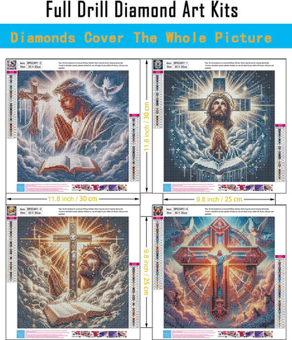 EIBEILI 4 Pack Diamond Art Kits for Adults - Jesus 5D Diamond Painting Kits for Beginners,Cross DIY Gem Art Full Round Drill Diamond Dots Crystal Craft Kits for Gifts Home Wall Decor 12x12inch