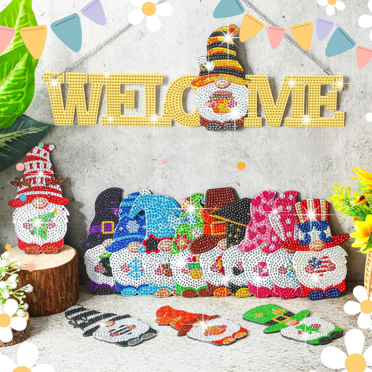 Yousoontic 15 Pcs Magnetic Diamond Art for Adults Interchangeable Gnome Seasonal Welcome Sign Gnome Door Hanger with Detachable Hat Hand DIY Rhinestone Painting Gift for Home Decoration