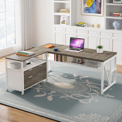 Tribesigns L Shaped Desk with Drawer Cabinet, 63" Executive Computer Desk and lateral File Cabinet, 2 Piece Home Office Furniture with Drawers for Hanging File, Doors with Locks (Dark Oak, 63-inches)