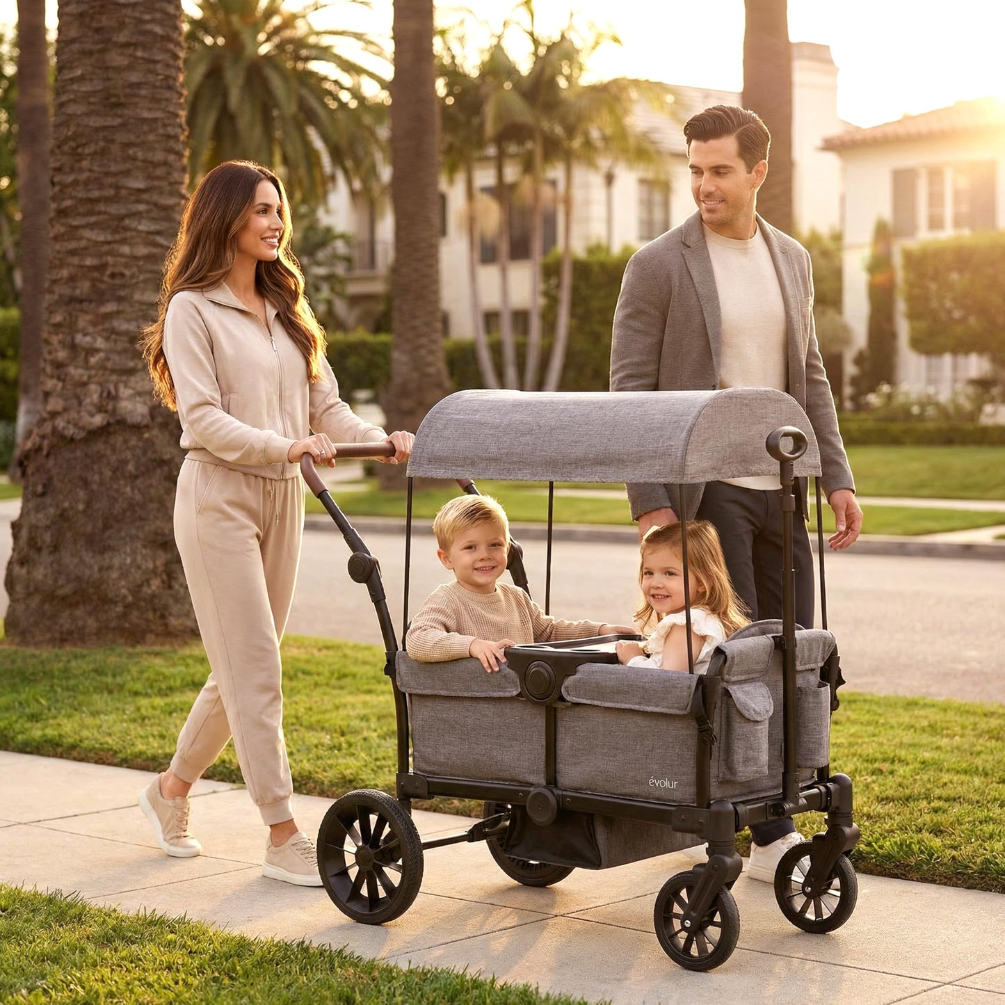 Evolur Trailblazer Wagon Double Stroller in Grey, Foldable Infant and Toddler Stroller Wagon, 5-Point Harness, Removable Canopy, All-Terrain Wheels, Spacious Storage for 2 Kids