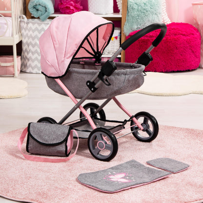 Bayer Baby Doll Stroller Toy Set with Accessories - Pink/Grey Pretend Play Carriage for Toddlers & Kids up to 18 Inch Dolls