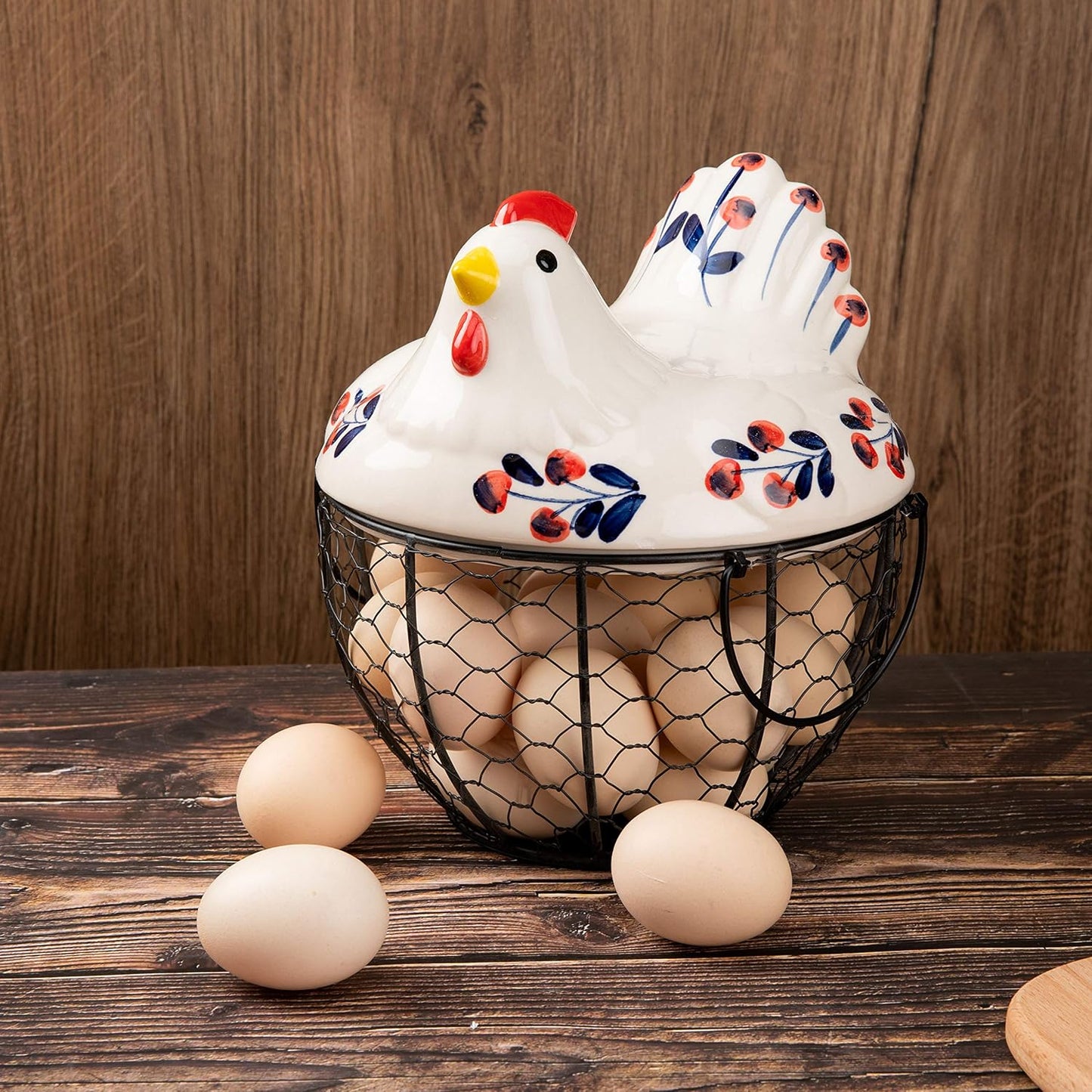 Chicken Design Ceramic Egg Storage Basket, Iron Basket Holds 20-25 Eggs, Organizer Case, Container Egg Basket Holder