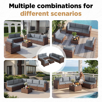 LHBcraft 7 Pieces Outdoor Wicker Rattan Patio Furniture with Rain Cover, Wicker Rattan Outdoor Sectional Sofa Set with Coffee Table & Blue Cushions for Garden, Poolside