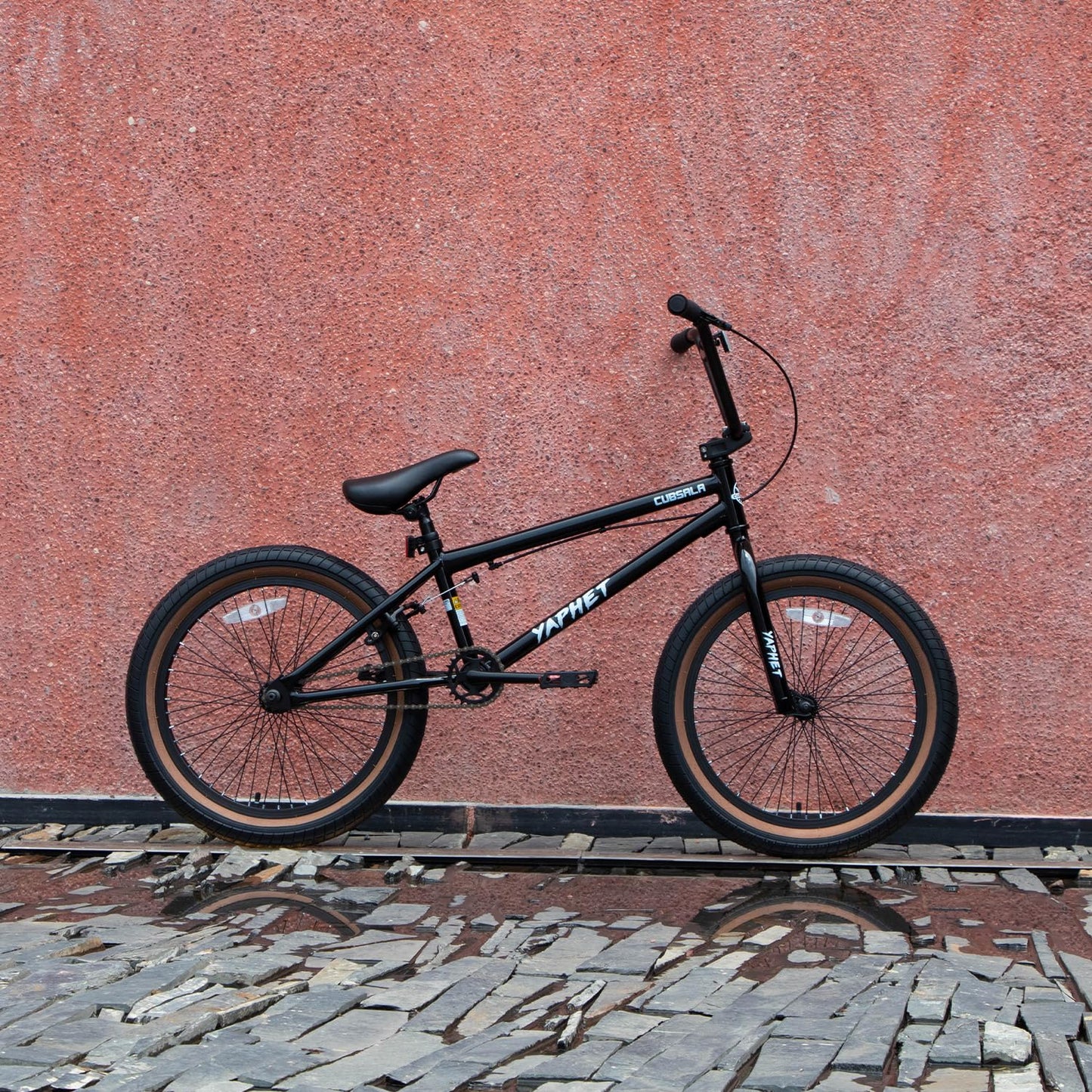 cubsala Freestyle BMX Bike, 20 Inch Yaphet Bicycle for Teen Beginner and Adult Riders, Bike with Hi-Ten Steel Frame, Black with Brown Tire