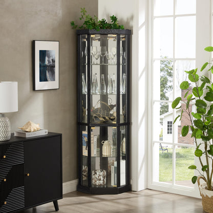 TRUNBACK Corner Curio Cabinet, 150lbs Heavy Duty Glass Display Cabinet with Light, 70" Tall 5-Tier Wine Bar China Cabinet with Tempered Glass Doors & Mirrored Back for Collectibles, Black