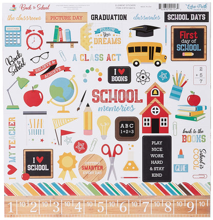 Echo Park Paper Company Back to School Collection Kit paper, 2-x-2, Blue/Black/Red/Green/Yellow, 12-x-12"