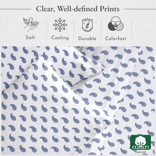 California Design Den Twin Sheet Set - 400 Thread Count Sateen, 100% Cotton, Paisley Blue