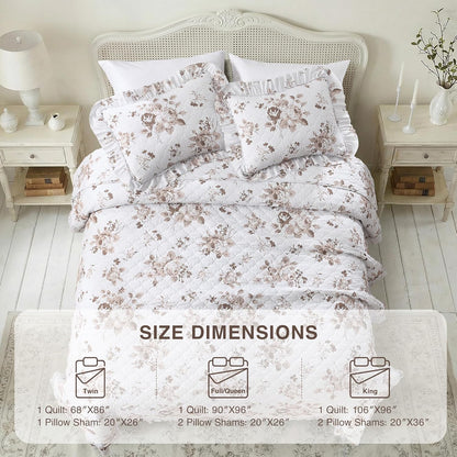1 2 68x86 inches HORIMOTE HOME Khaki Ruffled Quilt Twin Size with Pillow Sham, Shabby Chic Floral Printed Reversible