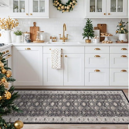 Hallway Runner Rug - 2x8 Washable Oriental Design | Stain Resistant, Ultra Soft, Non-Slip Black Mat