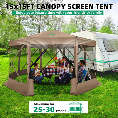 COBIZI 15x15FT Pop Up Gazebo Screen Tent Screen House for Camping, Screen Room with Mosquito Netting, Hub Tent Instant Screened Canopy with Carrying Bag and Ground Stakes, Khaki(Upgraded)
