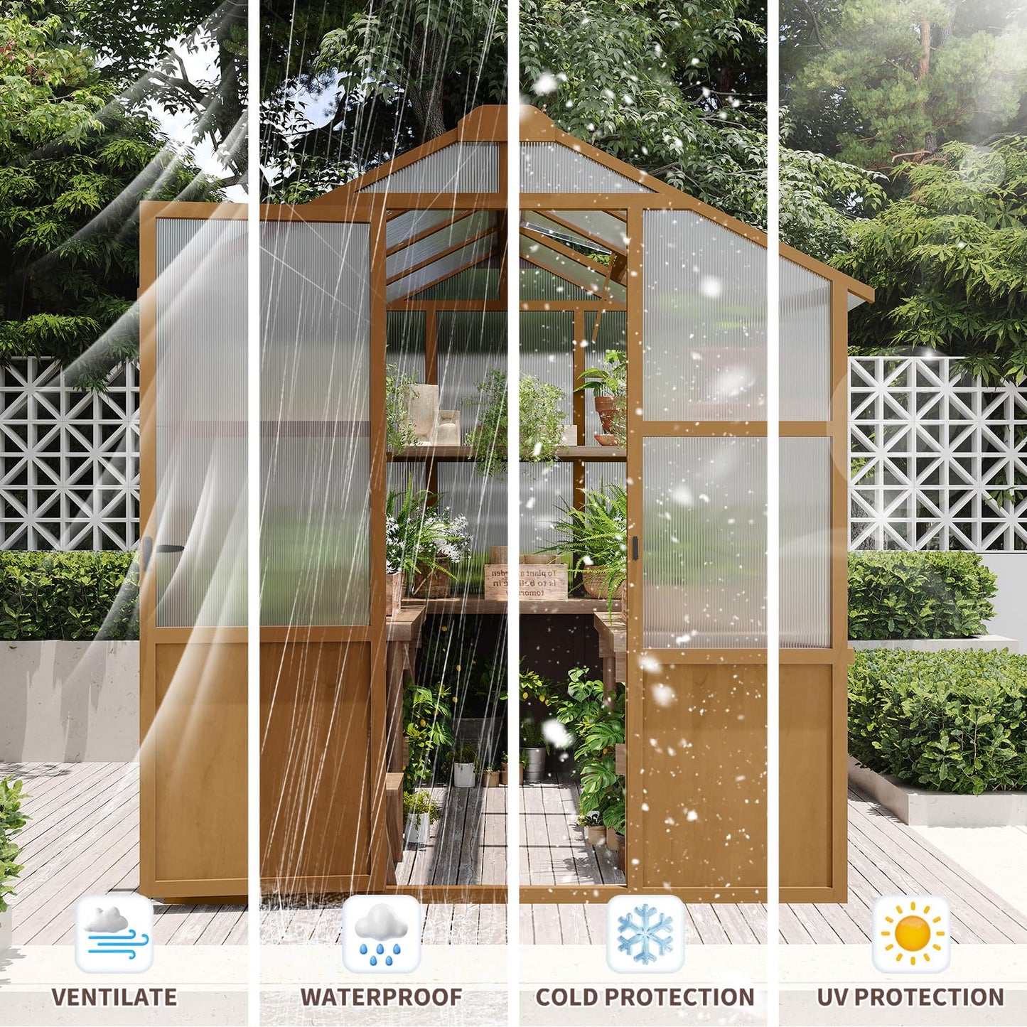 6x8 FT Outdoor Wood Greenhouse, Heavy Duty Solid Pine Wooden Walk-in Green House with 6MM Thick Polycarbonate Panels, Adjustable Roof Vent and Lockable Door, Garden House for Backyard Patio Lawn