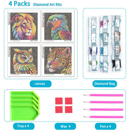 UiSdfuy Diamond Art Kits for Kids, Arts & Crafts Ages 8-12,Diamond Art for Boys Girls,Gem Art 4 Pack Diamond Painting 6"x 6" - Lion Owl Leopard Parrot