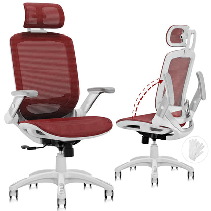 GABRYLLY Ergonomic Office Chair, High Back Home Desk Chair with Headrest, Flip-Up Arms, 90-120° Tilt Lock and Wide Cushion, 300LBS Mesh Chairs for Man Woman, White Task Chair(Red,GY01WR)