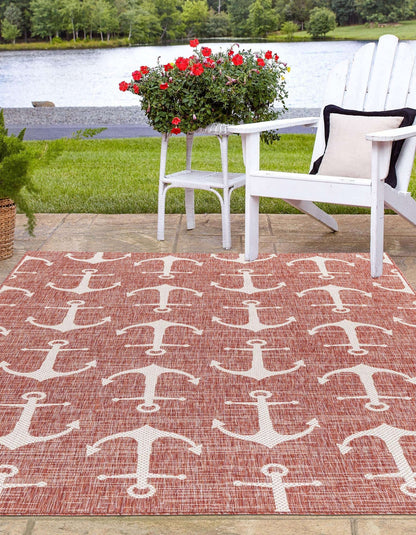 Unique Loom Outdoor Coastal Collection Area Rug - Ahoy (10' x 13' 1" Rectangle, Rust Red/ Ivory)